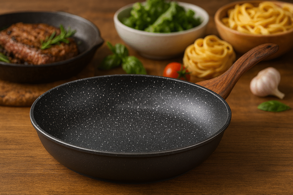 This deep, versatile frying pan is designed for more than just frying. With its 4.7 L capacity and 8.1 cm depth, it’s perfect for sautéing, boiling, stir-frying, and one-pan meals. The triple-layer Swiss non-stick coating ensures food release with minimal oil, while the die-cast aluminum body provides even heating. It comes with a tempered glass lid and an ergonomic, cool-touch handle. View on Amazon