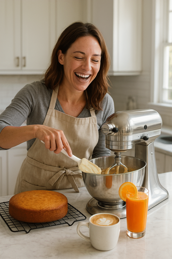 A warm, sunlit kitchen. A smiling woman is happily scraping batter from the bowl of a stylish kitchen mixer into a cake pan. The freshly baked cake is cooling on a rack next to her.